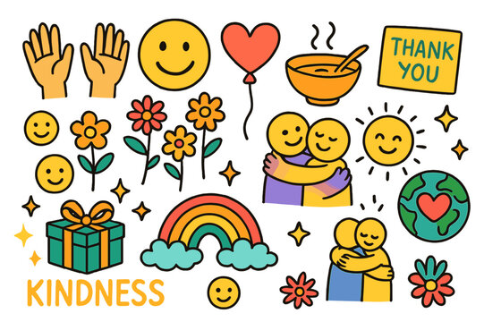 Colorful Kindness Icons. Kindness and care. Colorful Hand-drawn doodle Children illustration Kindness and care helping hands, smiley faces, heart balloon, soup