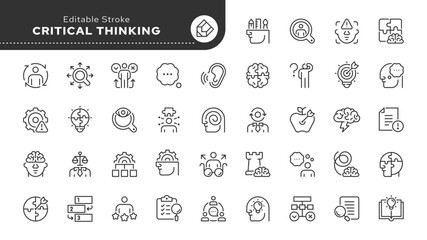 Critical thinking line icon set. Logic, thought, solution, idea, brain power, fact, problem, analysis, comprehension, purposefulness, intelligence. Outline icon in linear style. Vector collection.	