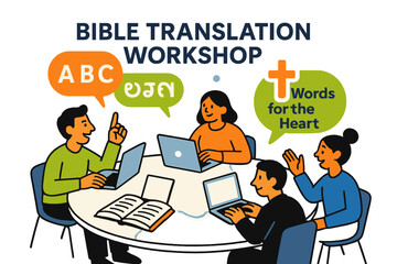 Naklejka premium Bible Translation Collaboration. Bible Translation Workshop. Laptops and open books circle a table; speech bubbles show ?A, B, C? shifting into local script. A