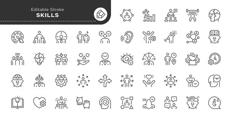 Skills line icon set. Ability, problem solving, knowledge, self-esteem, efficiency, productivity, adaptability, responsibility, punctuality and more. Outline icon in linear style. Vector collection.