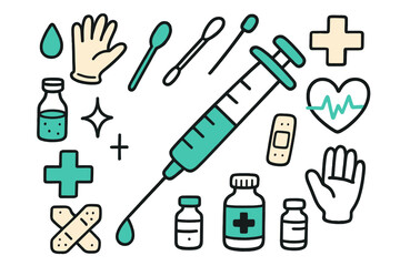 Fototapeta premium Medical Tool Doodles. // Medical syringe. Hand-drawn doodle illustration Medical syringe [syringe (accented), needle tip (accented), droplet (accented), vial,