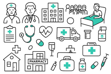 Healthcare Doodle Illustrations. Healthcare workers. Hand-drawn doodle illustration Healthcare workers doctor, colored nurse, hospital, patient, colored