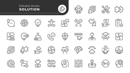 Solution line icon set. Problem solving, resolve, solved, maze, thinking, result, issue, idea, success and more. Outline icon in linear style. Vector collection.	