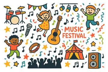 Fototapeta premium Festival Fun Doodles. Music and dance festival. Colorful Hand-drawn doodle Children illustration Music and dance festival drums, guitar, microphone, stage