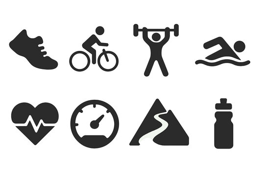 Physical Endurance Icons. Physical endurance. Filled icon set of physical endurance: running shoes, cyclist, - Powered by Adobe