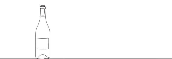 A continuous line drawing of a wine bottle with a blank label, highlighting its classic shape in a minimalist style against a white background