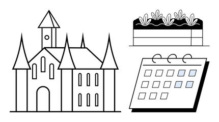 Castle with pointed towers, garden bed with plants, and calendar. Ideal for heritage, history, tourism, planning, gardening event organization and tradition. Simple flat metaphor