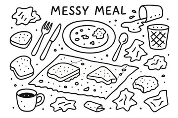 Fototapeta premium Messy Meal Doodle. Messy Meal. Hand-drawn doodle illustration Messy Meal crumpled napkin, crumbs, spilled drink, fork, knife, plate, coffee cup, bread,