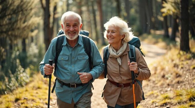 elderly couple hiking in a forest, using hiking poles, wearing backpacks, light clothing, smiling at each other, dirt path, trees, sunny day