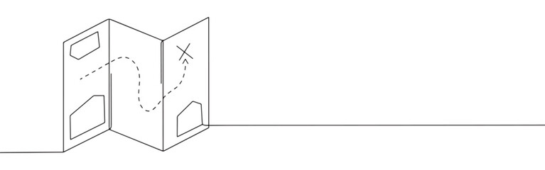 A continuous line drawing of a folded map showing a dotted path from a starting point to an 'X' marking a destination, symbolizing travel or navigation