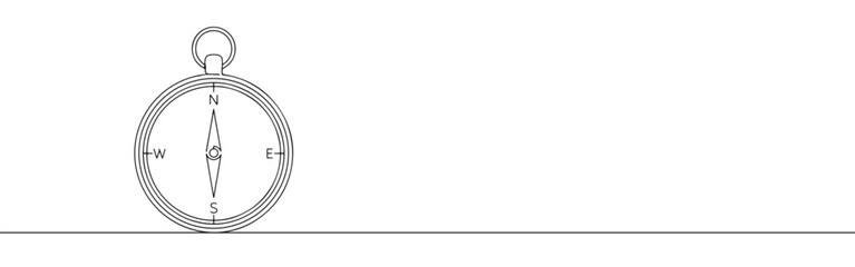 A continuous line drawing of a compass with clear North, East, South, and West cardinal points, symbolizing guidance and direction on a white background © drawing lines