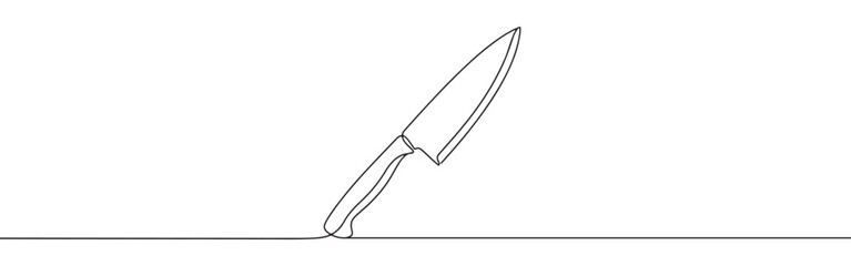 A continuous line drawing of a chef's knife or kitchen knife, depicted standing upright, showcasing a minimalist and clean aesthetic on a white background