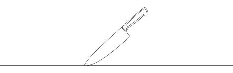 A continuous line drawing of a chef's knife or kitchen knife, depicted standing upright, showcasing a minimalist and clean aesthetic on a white background