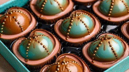 Glossy chocolate treats with vibrant colors and intricate designs are beautifully arranged in a decorative box, ideal for celebrations and gourmet experiences