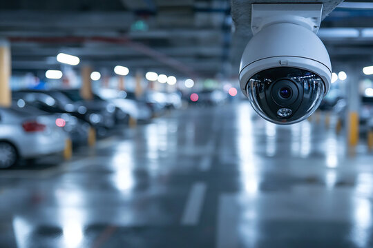 Dome security camera in parking garage at night, surveillance technology for urban safety.