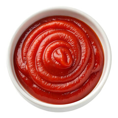 Top down view of a white bowl filled with rich red ketchup in a perfect swirl, cutout, PNG isolated on transparent background