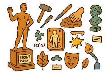 Bronze Sculpture Doodles. Bronze sculptures. Colorful Hand-drawn doodle Children illustration Bronze sculptures statue, artist hammer, chisel, base pedestal,
