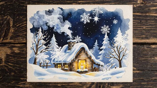 Animated Watercolor Christmas Card with Gentle Smoke, Light, Star and Snow