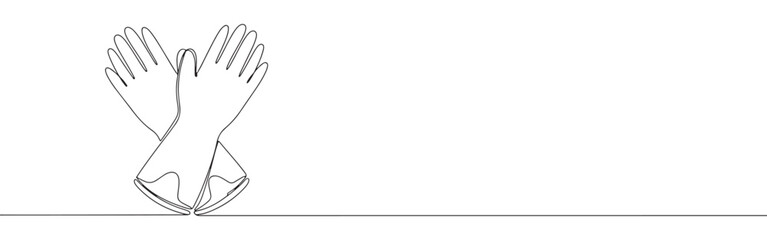 A continuous line art depiction of two protective rubber gloves, crossed, symbolizing safety and hygiene, isolated on a white background