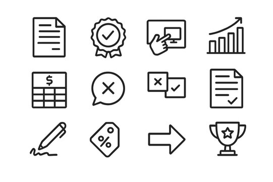Sales Pitch Icons. Sales Pitch. Line icon set of Sales Pitch: proposal document, value proposition badge, product demo, ROI chart, pricing table, objection