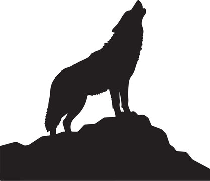 Silhouette of a wolf howling on a rocky outcrop against a white background animal wildlife on transparent background