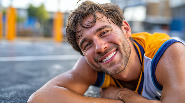 Exhausted player lying on court laughing after intense game, sweat and joy, sports fatigue, victory, authentic moment, with copy space - Powered by Adobe