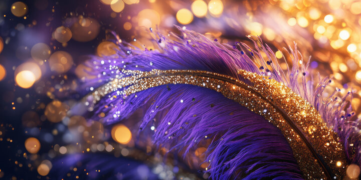 Close up of a shimmering purple feather with gold glitter and bokeh lights creating a luxurious