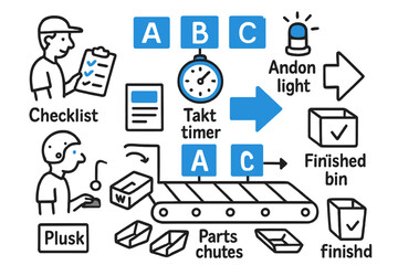 Assembly Line Doodle. // Assembly line workflow. Hand-drawn doodle illustration Assembly line workflow [stations A/B/C (accented), conveyor rollers, takt timer