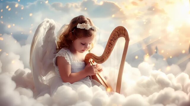 angelic girl with harp and wings playing harp against a backdrop of clouds and a radiant sky.