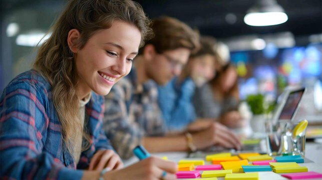 Young professionals collaborating on creative project with sticky notes and laptops in modern office, startup, design thinking, teamwork, innovation, with copy space - Powered by Adobe