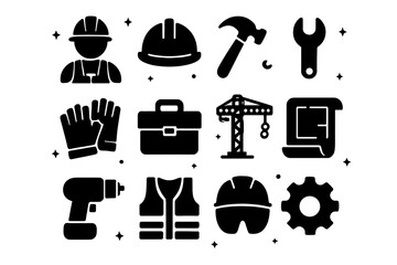Skilled Labor Icons. Skilled Labor. Solid icons set of Skilled Labor: construction worker, hard hat, hammer, wrench, gloves, toolbox, crane, blueprint, drill,