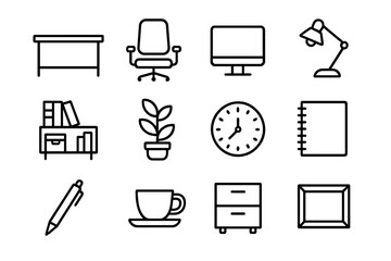 Office Icons Collection. Professional office. Line outline icon set of professional office: desk, chair,