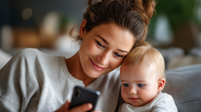 Mother and baby relaxing on sofa while mom checks email on phone, everyday life, family, motherhood, technology, lifestyle, with copy space