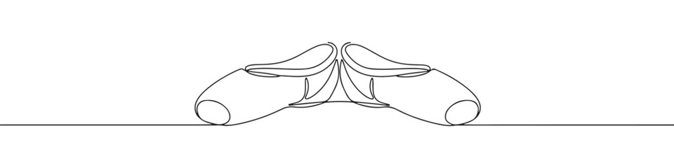 A pair of elegant ballet pointe shoes with ribbons, drawn in a graceful continuous line art style