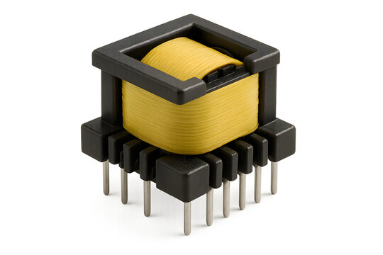 Yellow Ferrite Transformer Coil Component &ndash; High Precision Electronic Inductor with Multiple PCB Pins, Close-Up Macro Shot for Engineering, Circuit Design and Technology Use.
