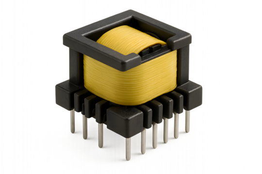 Yellow Ferrite Transformer Coil Component – High Precision Electronic Inductor with Multiple PCB Pins, Close-Up Macro Shot for Engineering, Circuit Design and Technology Use.
