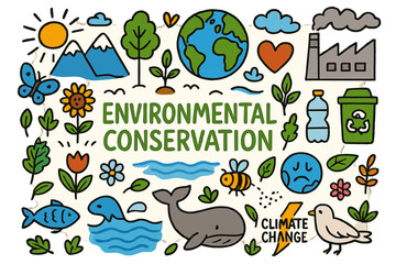Colorful Conservation Doodle. Environmental Conservation. Colorful Hand-drawn doodle Children illustration Environmental Conservation, trees, plants, flowers,