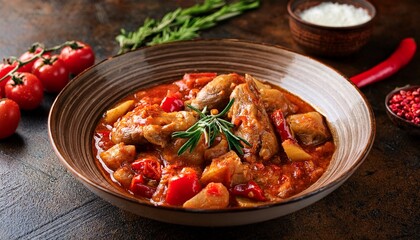 Slow Cooked Rabbit Meat Stew In Tomato And Peppers Sauce With Garlic Onion Rosemary Thyme And Chili Flakes Garnished With Fresh Herbs In Bowl Dark Rustic Background