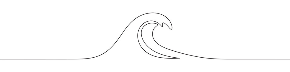 A continuous line art depiction of a powerful wave cresting, evoking the dynamics of the ocean and marine environments, isolated on a white background