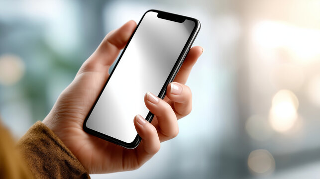 Smartphone in hand over bright minimal background, blank screen ready for app design, technology mockup, mobile UI, advertising, with copy space