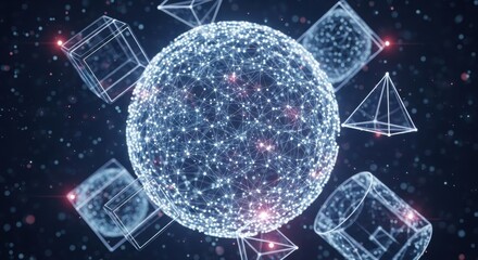 Digital Nucleus: Glowing Spherical Network Surrounded by Wireframe Geometric Shapes