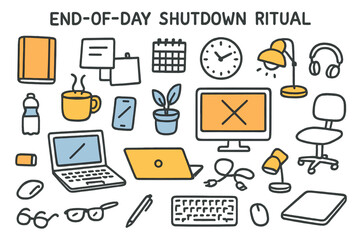 End-of-Day Workspace Scene. End-of-day shutdown ritual. Hand-drawn doodle illustration laptop (colored), computer screen (colored), smartphone (colored),