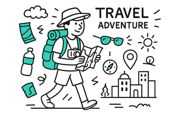 Exploring New City. Travel adventure. A tourist exploring a new city. Hand-drawn doodle illustration A tourist exploring a new city, map, colored backpack,