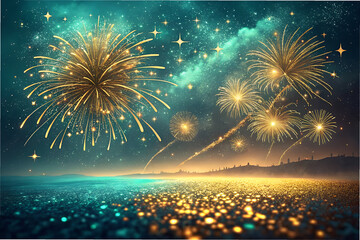 "Golden Fireworks Extravaganza Over a Sparkling Twilight Landscape"