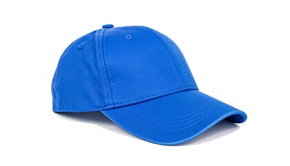 Bright blue baseball cap on a white background.