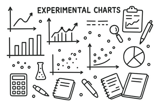 Experimental Charts Icons. Experimental Charts. Hand-drawn doodle illustration Experimental Charts line graph, bar chart, scatter plot, pie chart, axes,