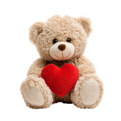 Obraz premium A cute beige teddy bear holding a bright red heart, isolated on a white background. The plush toy looks soft and cuddly, symbolizing love, affection, and warmth. Perfect for Valentine’s Day