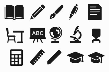 Fototapeta premium Educational Icons. education. Solid icons set of education: book, pencil, pen, paper, desk, chair, blackboard, globe, microscope, calculator, ruler, graduation
