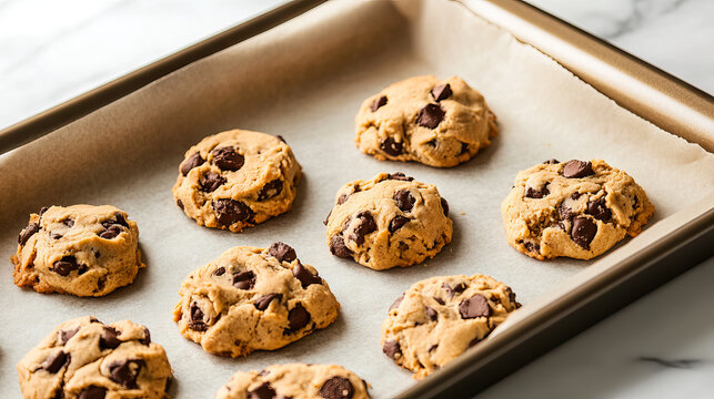 close up Chocolate chip cookies on baking sheet with copy space for National Cookie Dough Day - Powered by Adobe