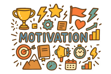 Motivational Doodle Elements. Motivation. Hand-drawn doodle illustration of motivation. Trophy, lightning bolt